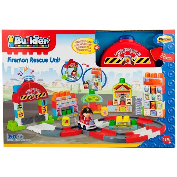 Builder Fireman Rescue Unit Toy Set For Children 18M+ With 60 Pieces By WinFun - Picture 1 of 2